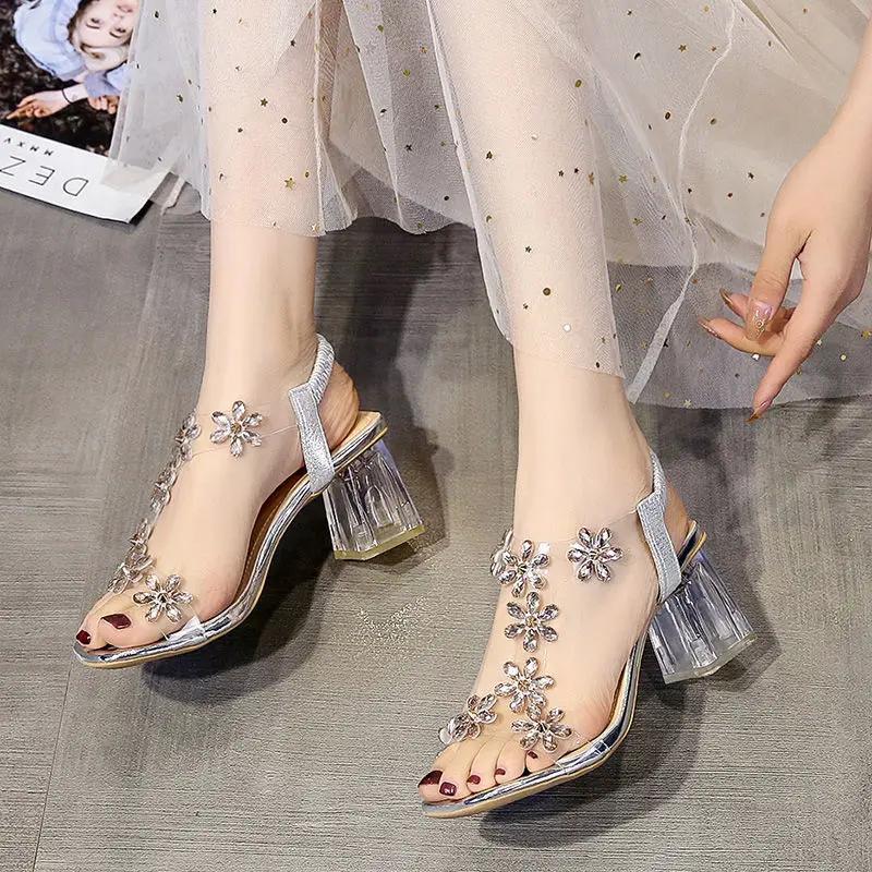 Fashion Open Toe Roman Style Ladies Shoes Summer 2024 Block Heel with Medium Heels Rhinestones Footwear High Sandals for Women Sandal F