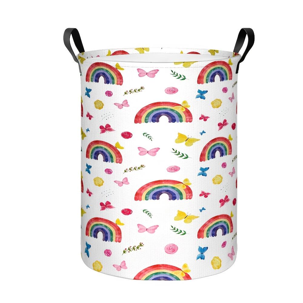 1pc, Rainbow Butterfly Laundry Basket, Watercolor Rainbow & Floral Print Collapsible Storage Bin, Organizer Basket with Handles for Clothes, Towels, B