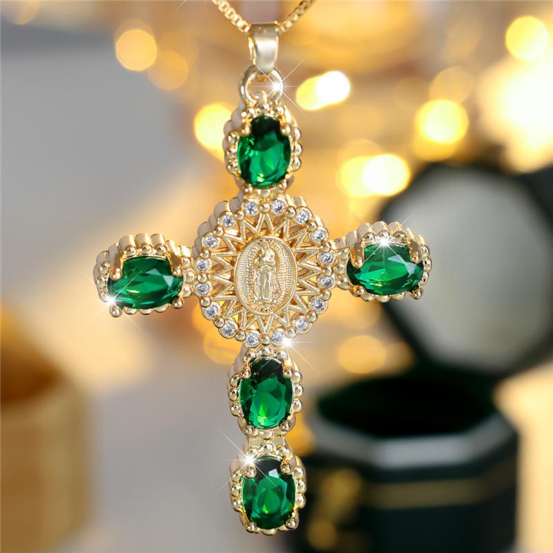 Unique Male Female Crystal Rainbow Zircon Stone Cross Pendant Necklace Cute Gold Color Wedding Jewelry For Women Men