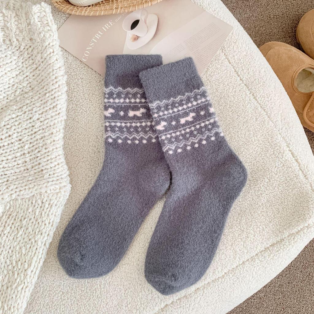 Fair Isle Puppy Bow Mid-Calf Wool Socks - Cozy Autumn/Winter Japanese Style Women's Warmth