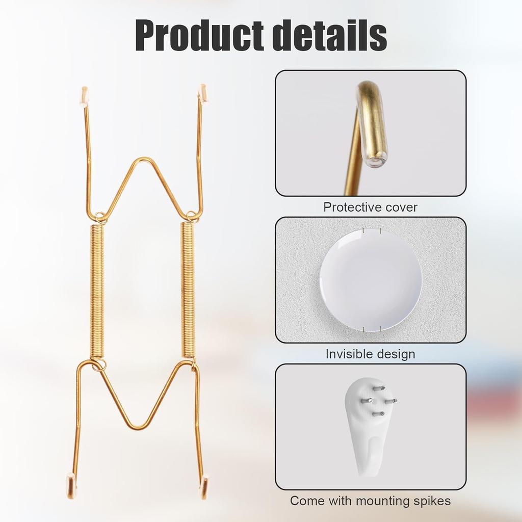 4Pcs Plate Hangers for Walls, 6/8/10/12 Inch Stainless Steel W-Shaped Gold Plate Hooks Vertical Dish Holder Display Wall Mount for Antique Arts
