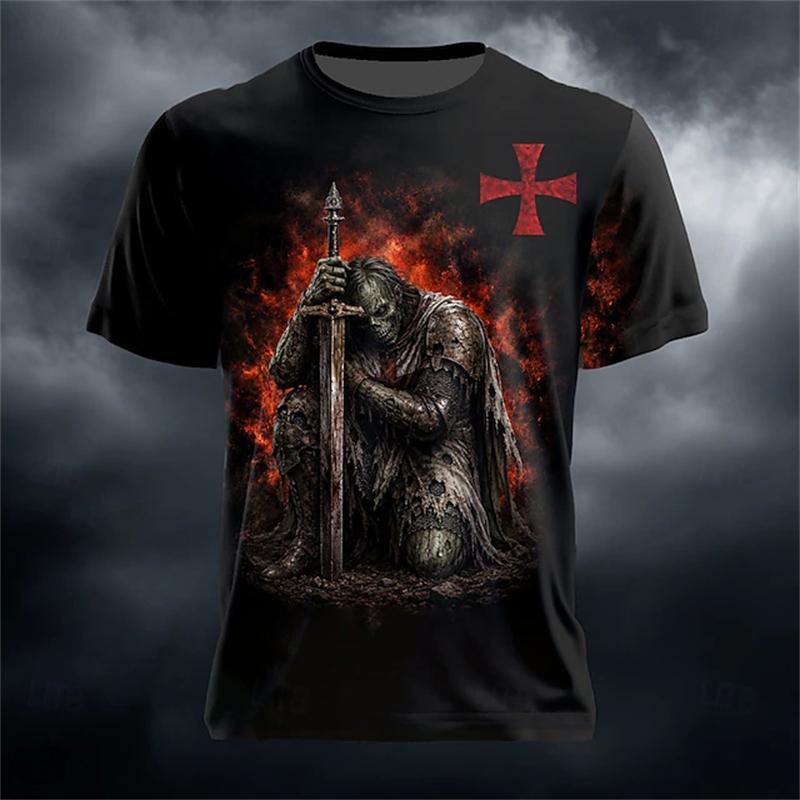 New Men's Halloween Crew-Neck Short-Sleeve T-Shirt Grim Reaper Scythe and Skeleton Print Crew-Neck Short-Sleeve Men's Top