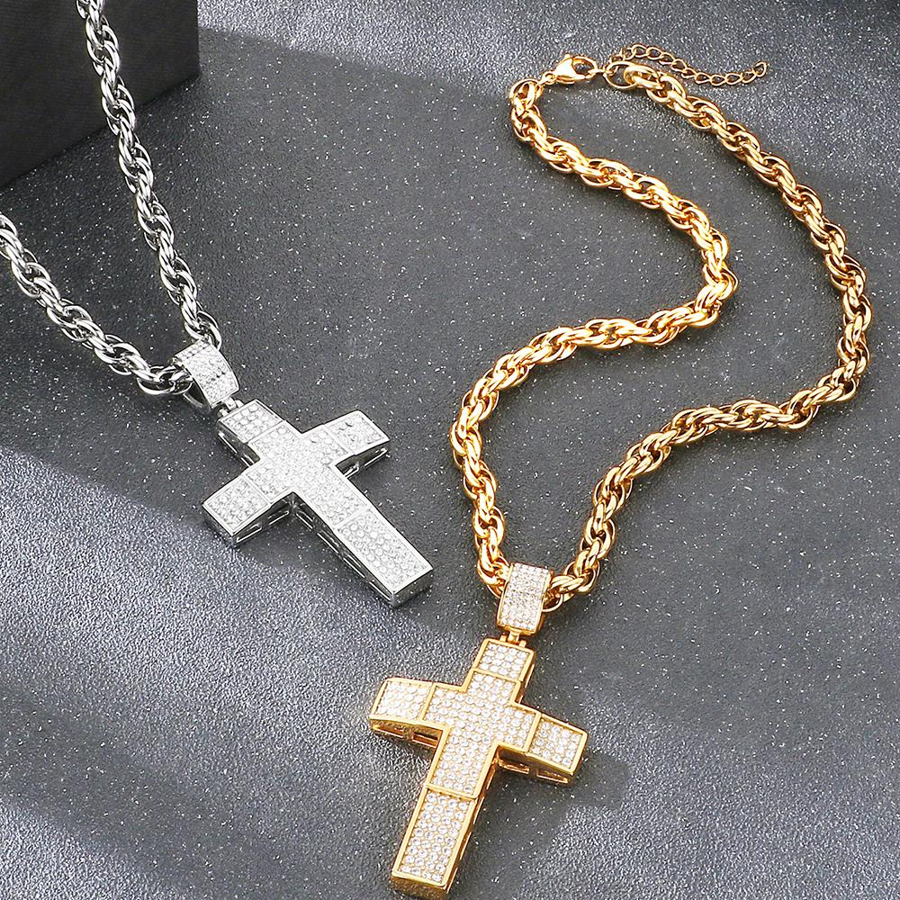 Hip Hop 316L Stainless Steel & Full CZ Cross Pendant Necklace Man Double Layer Hollow Cross Jewelry Gifts Trend Necklaces