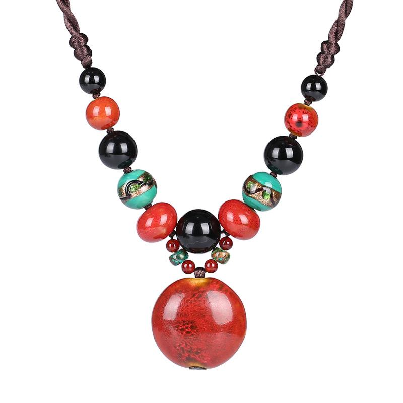 GemChic dámské nové etnické keramické korálky pletený náhrdelník s přívěskem Vintage nastavitelný řetízek narozeninový vánoční dárek šperk