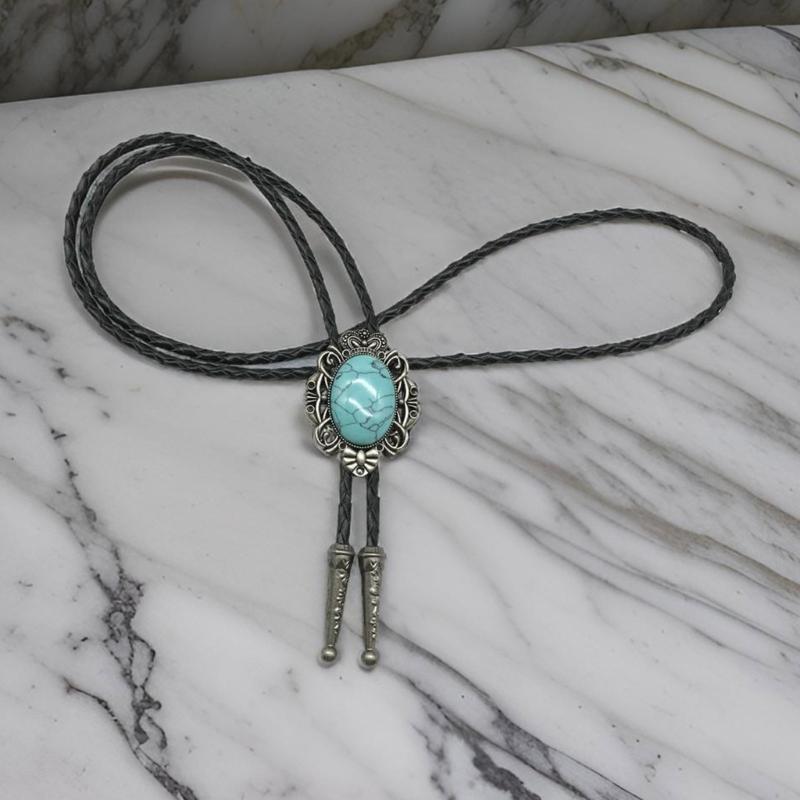 Bolo Tie Necktie Artificial Leather Braided Rope Necklace with Metal Flower Crown Stone Jewelry Cowboy Vintage Neckwear