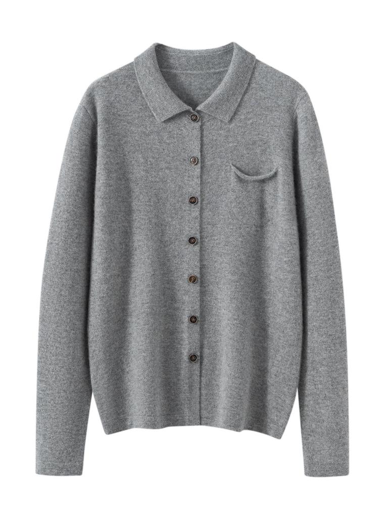 2026 Autumn/Winter Women's Cashmere Polo Collar Cardigan - Solid Color, Loose Fit, Versatile, Single-Breasted Jacket
