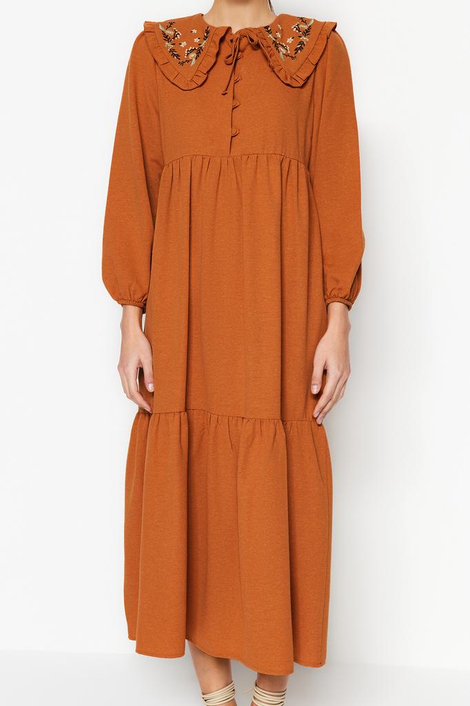 Women's Fashion New Hijab Dress Cinnamon Collar Embroidered Half Patch Linen Look Woven Dress