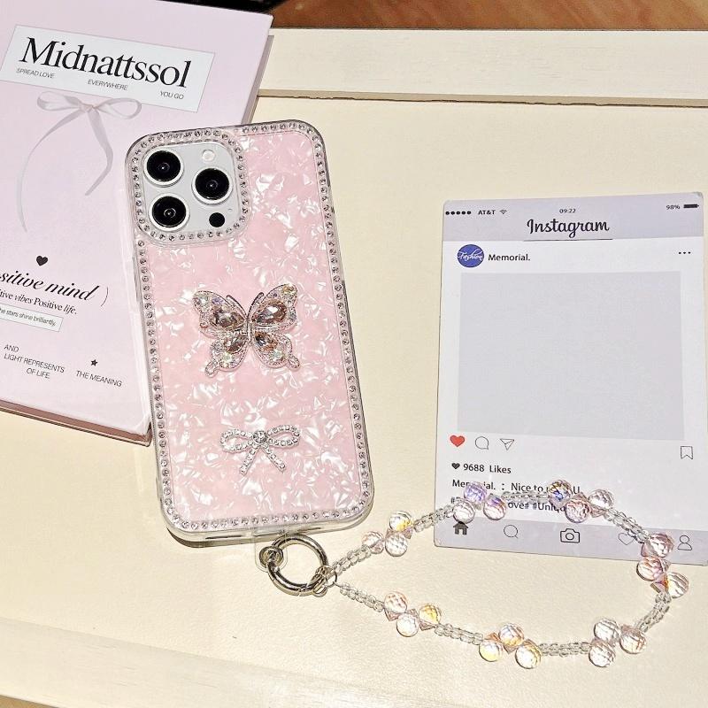 

Diamond Case For iPhone 17 Pro Max 11 12 14 13 15 16 Plus Crystal Butterfly Short Chain Protect Glitter Bracelet Strap Cover for iPhone 11