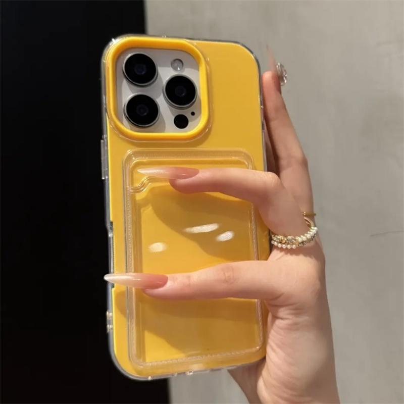 2in1 Card Holder Slot Wallet Po Pocket Clear Candy Color Case For iPhone 16 15 14 13 12 Pro Max TPU+PC Shockproof Cover