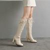 Fashion Girls Lolita Knee High Boots Female Chunky Heel Winter Shoes Lace Up Bow Japanese JK Uniform Cosplay Princess Party Shoe