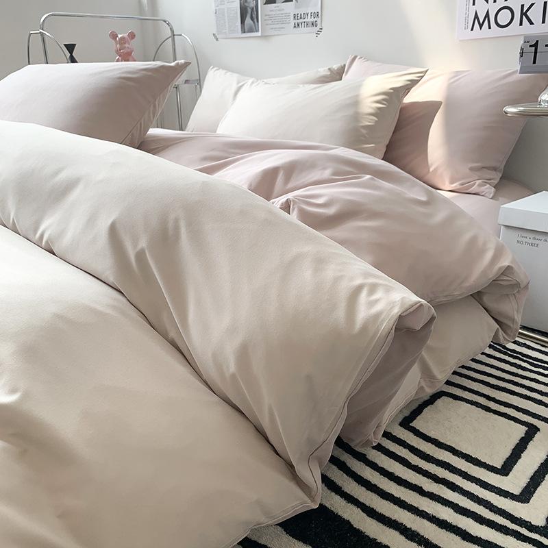 Solid-color Japanese Pure Cotton Four-piece Bed Cover Set with Double-sided Washed Cotton Bed Sheets and Quilt Cover