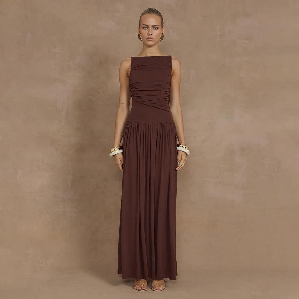 Elegancka sukienka maxi bez rękawów dla kobiet, modna, solidna, z dekoltem w łódkę, sukienki damskie, seksowna, marszczona, długa sukienka, nowa suknia