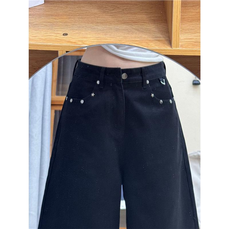 Plus Size Women's Black Floor-Length Straight Jeans with Pockets - Slimming, Loose Fit, Versatile American Streetwear