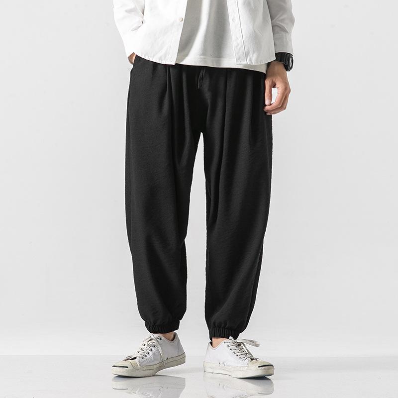Cotton and linen elastic waist large size Harlan pants retro bloomers Hong Kong style wide leg wide leg leggings