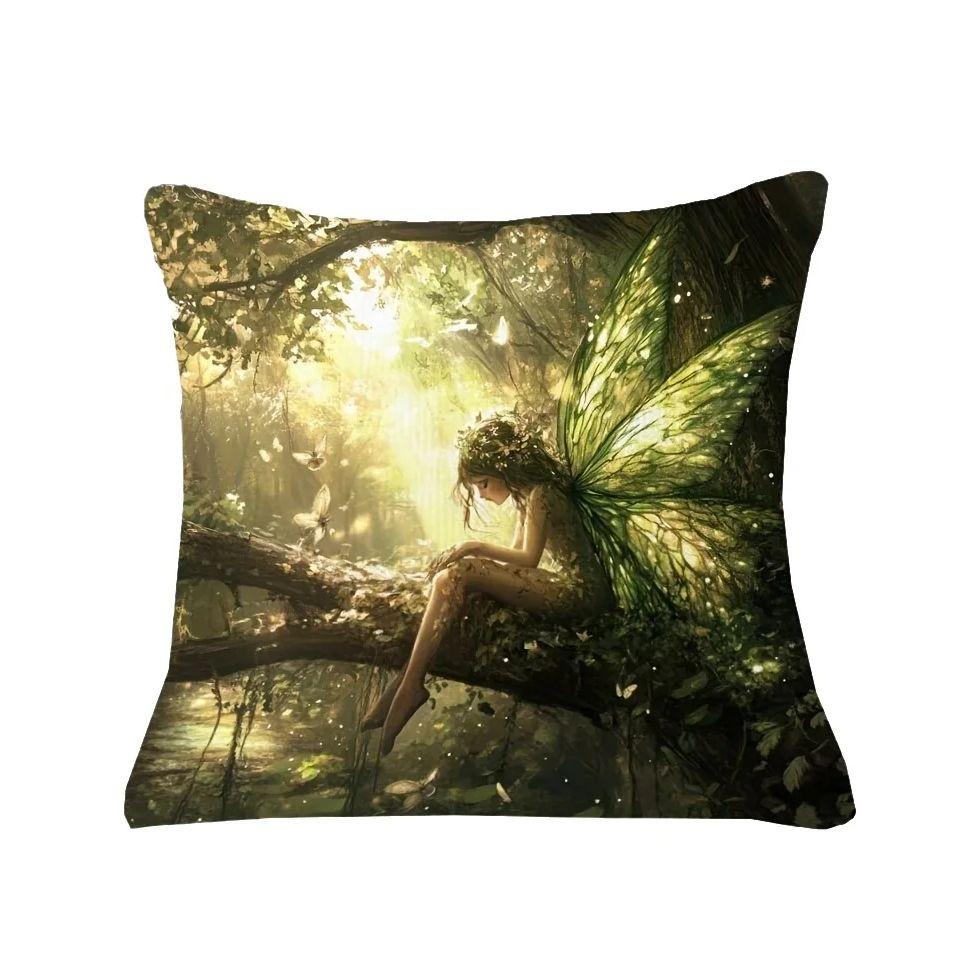 1Pc Forest Fairy Pillow Cover, Polyester 2D Double-Sided Print, Enchanted Green Winged Fairy Art, Fantasy Lover Home & Car Decor