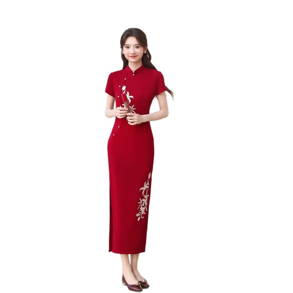 1011 summer new red improved cheongsam temperament waist national style embroidered dress engagement toast summer