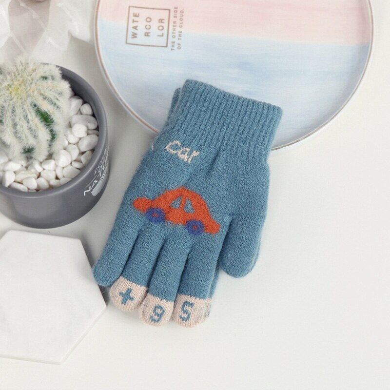 Children Gloves For 4-8 Years Boys Girls Winter Knitted Soft Warm Cartoon Car Full Finger Gloves