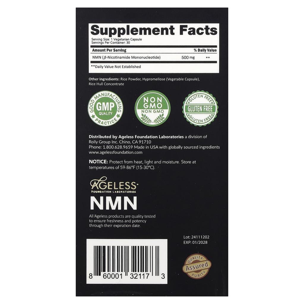 Ageless Foundation Laboratories, NMN, 500 mg, 30 Veggie Capsules
