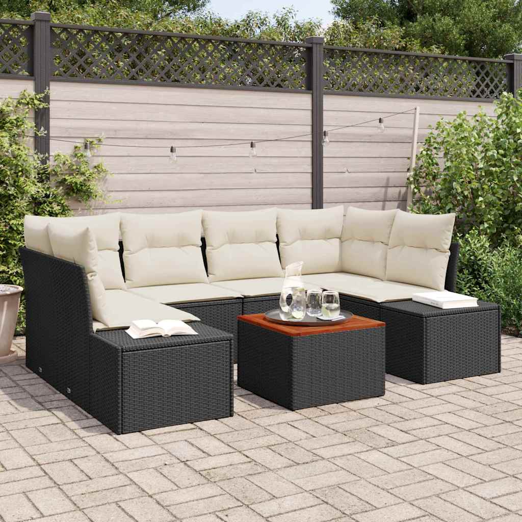 7 Piece Garden Sofa Set with Cushions Black Poly Rattan