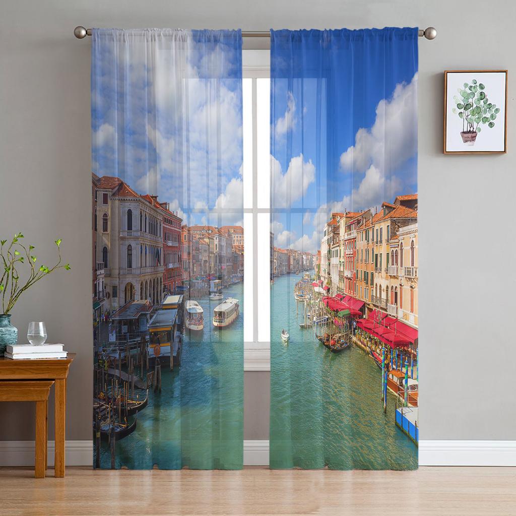 Garden Italian Arch Architectural Flowers Street Tulle Curtains for Living Room Chiffon Sheer Voile Kitchen Bedroom Curtain