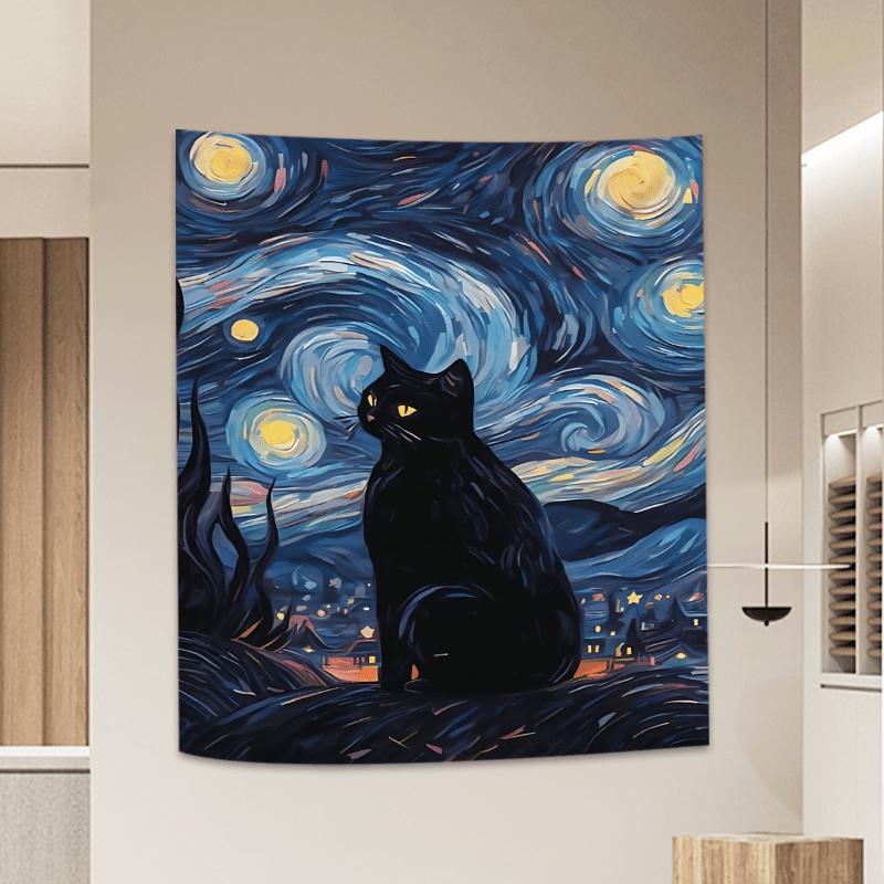 Black Cat Floating Lilie Lotus Lake Starry Night Tapestry Room Decoration Home Decor Bedroom Wall Hanging Fabric