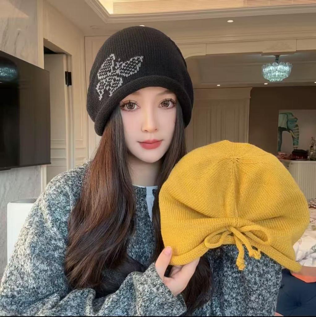 2025 new crimping drawstring stacking hat showing a small face knitted autumn and winter warm ear protection hat women's cold hat Baotou hat