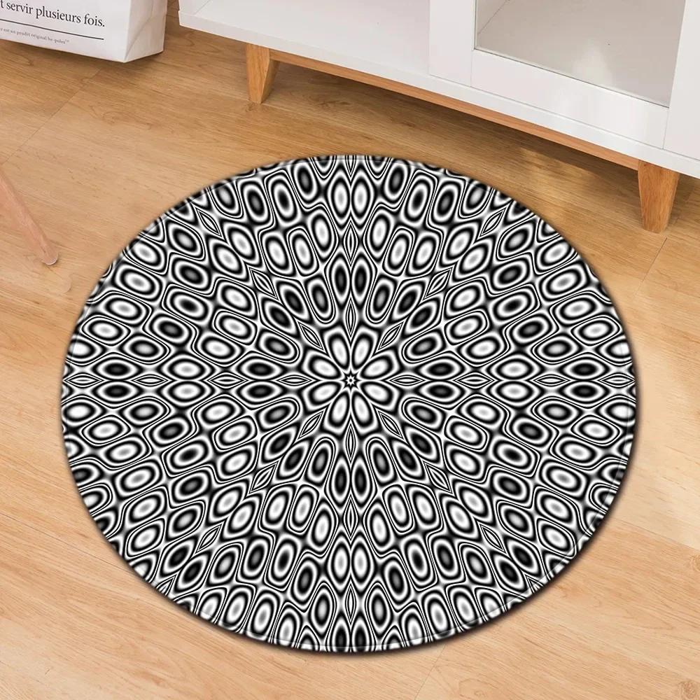 Crystal Velvet Psychedelic Round Rug,Black  White Geometric Illusion Print Non Slip Floor Mat for Living Room,Coffee Table,Decor