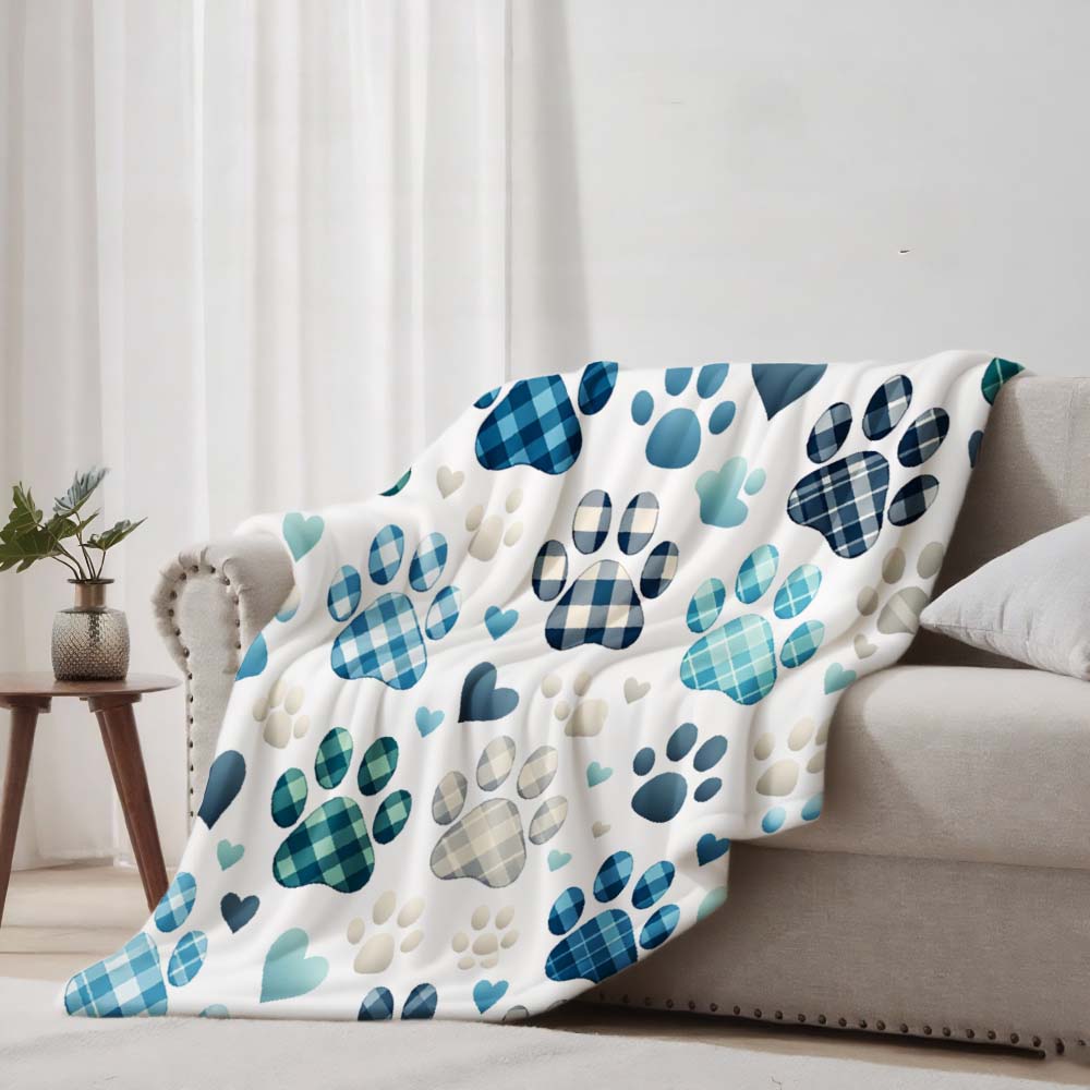 1Pc  Blue Plaid Paw Print Heart Soft Fleece Throw Blanket For Pet Lovers Cozy Warm Decorative Blanket For Couch Bed Sofa