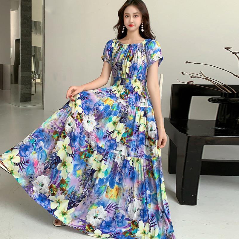 Bohemian Maxi Dress With Elastic Waist For Summer Beach Vacation And Artful Style