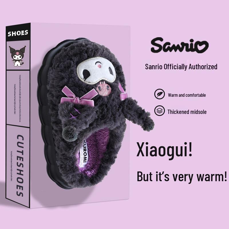 Sanrio Winter Furry Cotton Slippers for Girls – Warm Indoor Cartoon Shoes with Thick Soles, available in Parent-Child Sizes.