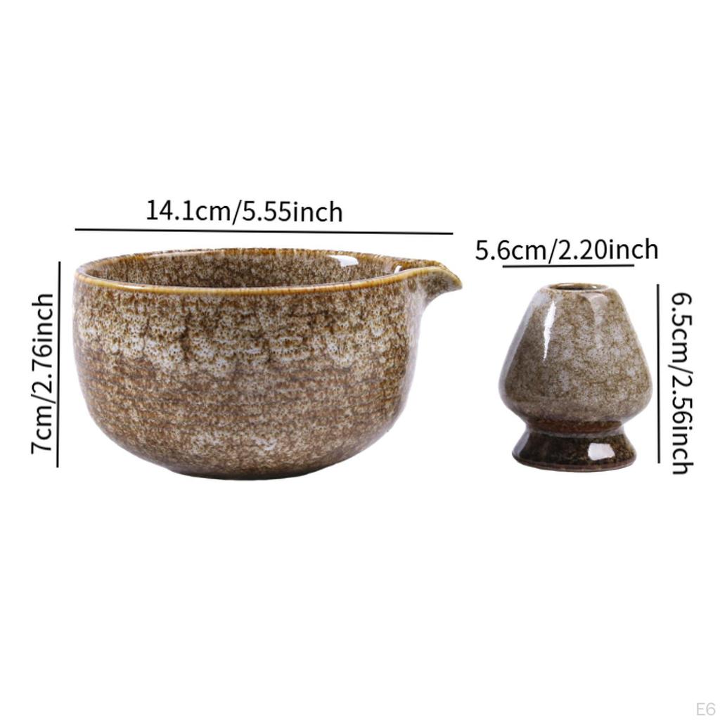 Ceramic Matcha Bowl Tea Set, Whisk Holder Glazed Handmade Traditional with Pouring Spout,