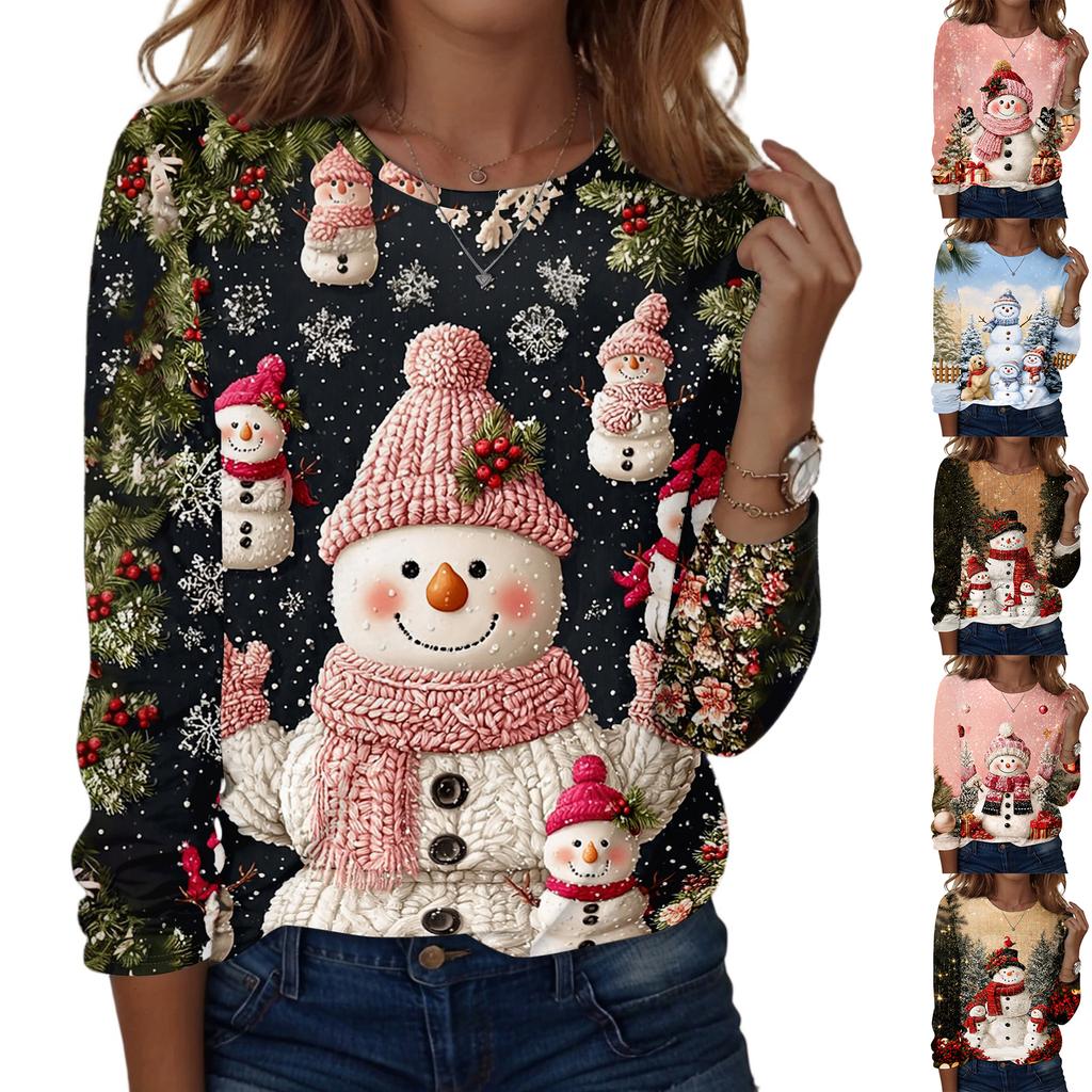 Women's Casual Long Sleeve Christmas Print Round Neck Top