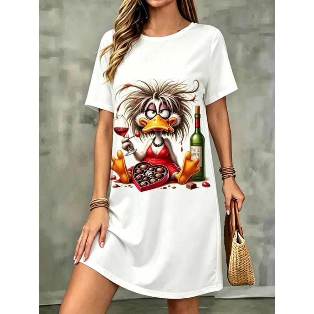 Summer Fashionable Colorful Cartoon Pattern Women Mini Dresses Short Sleeve Printed Plus Size Casual Comfortable Soft Dress