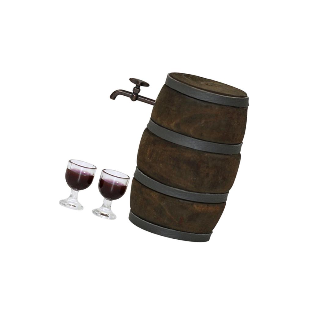 1/12 Scale Miniature Wooden Wine Barrel with Wine Glasses Dollhouse Accessory For Realistic Display And Collectible