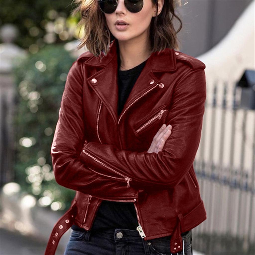 Women's Autumn 2026 Slimming Slanted Zip Short Leather Motorcycle Jacket