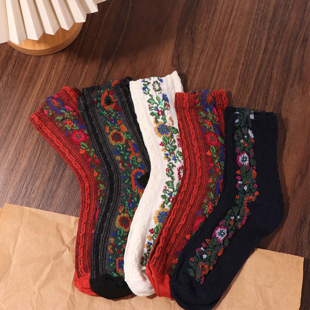 5Pairs Vintage Floral Embroidery Socks Sweat-absorbing Medium Tube Socks Women's Socks  Four Seasons