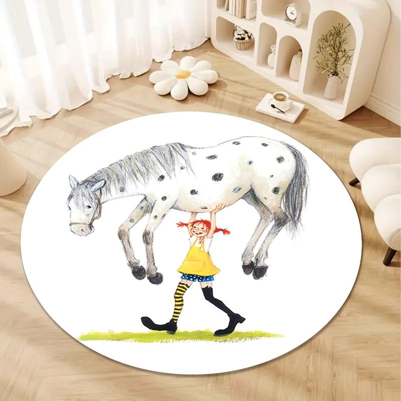 Covor rotund de desen animat Pippi Șoseta Lungă, Covor pentru Living, Dormitor, Canapea, Cameră de Joacă Decor, Covoraș Antiderapant Q0030