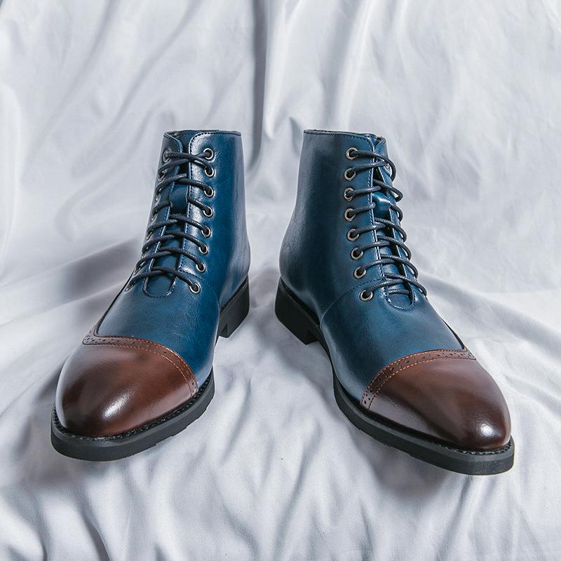 

British Style High-Top Plus Size Leather Patchwork Martin Boots - Men s Autumn Fashion Trend 46 синий