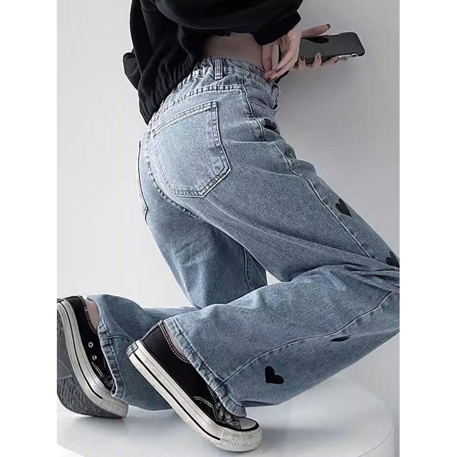 Džíny Ženy Jednoduché Ležérní Rovné Harajuku Heart Print Volné elegantní High Street kalhoty