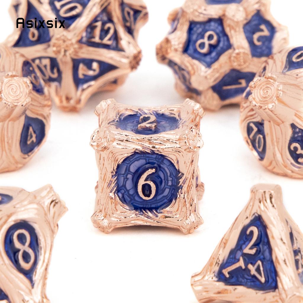 7 Pcs Copper Blue Tree Stump Root Metal Dice Solid Metal Polyhedral Dice Set Suitable for Role-Playing RPG  Board Game Card Game