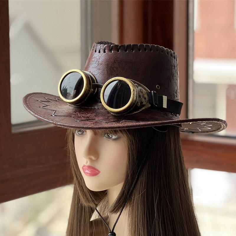 Vintage Western Cowboy Hat With Glasses Jazz Steampunk Heavy Metal Driver Goggles Cosplay Halloween Decorations for Adult Kids
