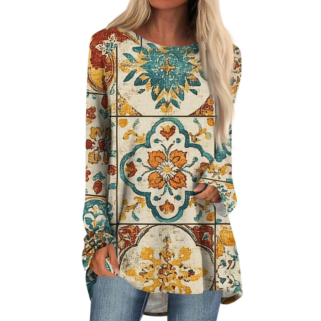Women's Fashion Casual Long Sleeve  Print Round Neck Pullover Top Blouse