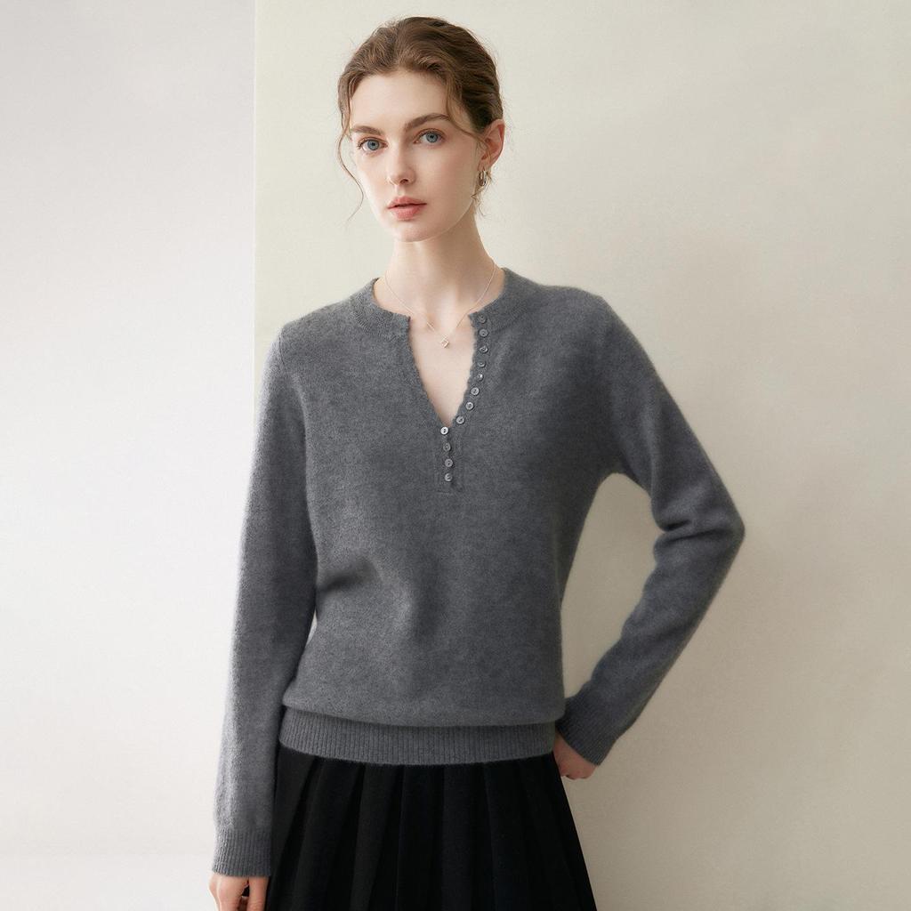 Women's Pure Cashmere Scissor Collar Knit Sweater - Autumn/Winter Loose Pullover Base Layer