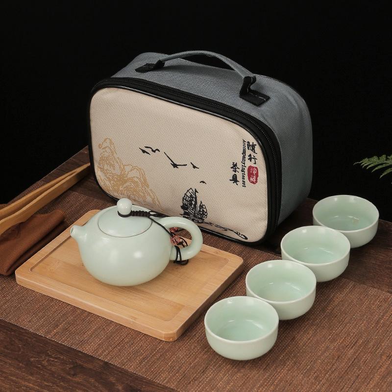 Chinese Tradition Kung Fu Tea Set Portable Ceramic Travel Tea Set Home Office One Teapot Four Teacup Teaware Tea Ceremony Gifts