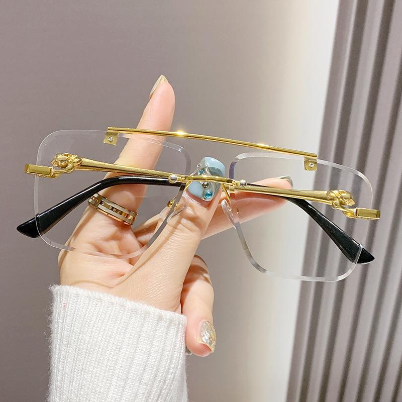 Rimless Square Pilot Sunglasses Women For Men Fashion Vintage Luxury Brand Designer Sun Glasses Punk Metal Gold Leopard Shades