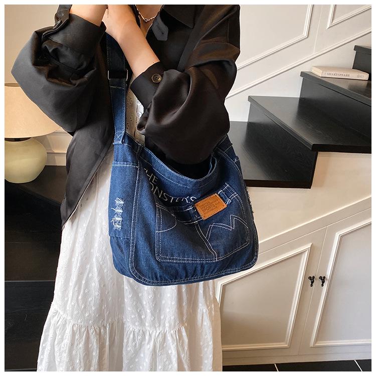 Versatile Korean Style Embroidered Denim Crossbody Bag for Women - Casual, Retro, Distressed Fashion Shoulder Bag