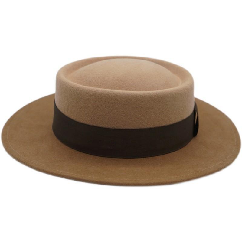 French Elegance Gradual Change Camel Color Matching Retro British Wool Woolen Flat Top Top Hat Women Autumn And Winter Felt Wide Brim Japanese
