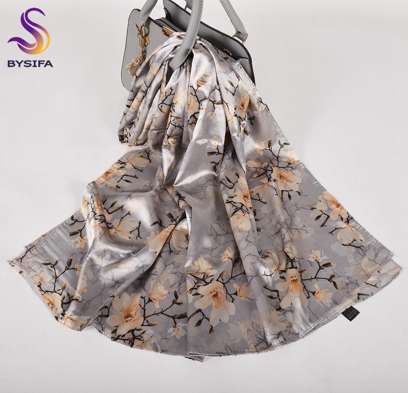 [BYSIFA] Grey Pink Peony Women Satin Long Silk Scarf Shawl Chinese Style Scarves Printed Fall Winter Female Head Scarf 160*70cm