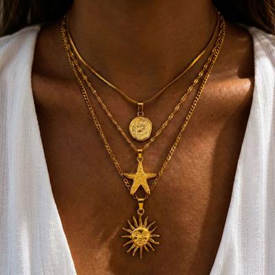 Zestaw 3 naszyjników w kolorze złotym Słońce Gwiazda Rozgwiazda Róża Dla Kobiet Vintage Moneta Zawieszka Warstwowy Skręcony Łańcuszek Boho Statement Biżuteria Prezenty