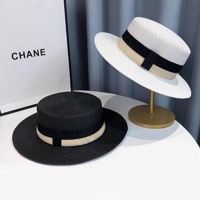 Straw Hat Women's Seaside Vacation Beach Sun Hat Summer Flat Top British Top Hat Travel Sun Hat